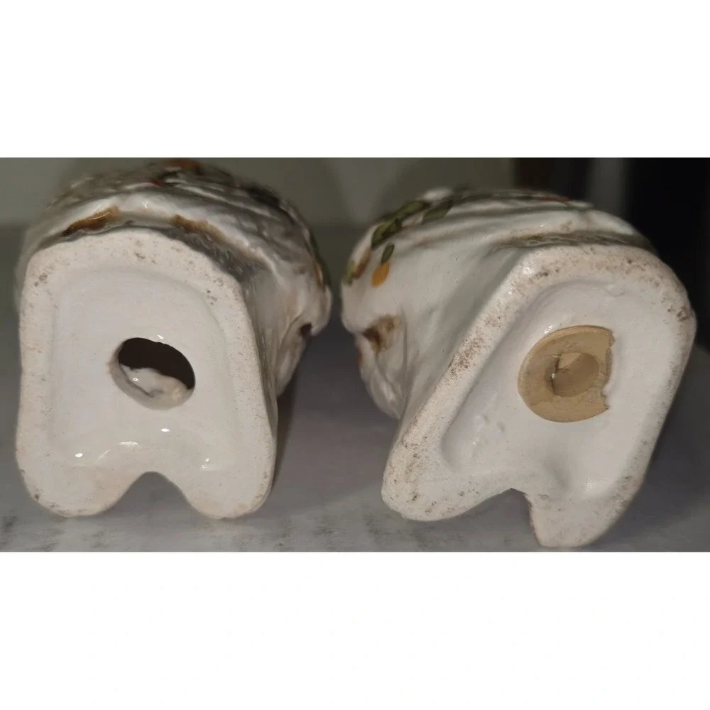 Vintage Ceramic Owl Salt+Pepper Shaker - Hand-painted Floral and Feathers